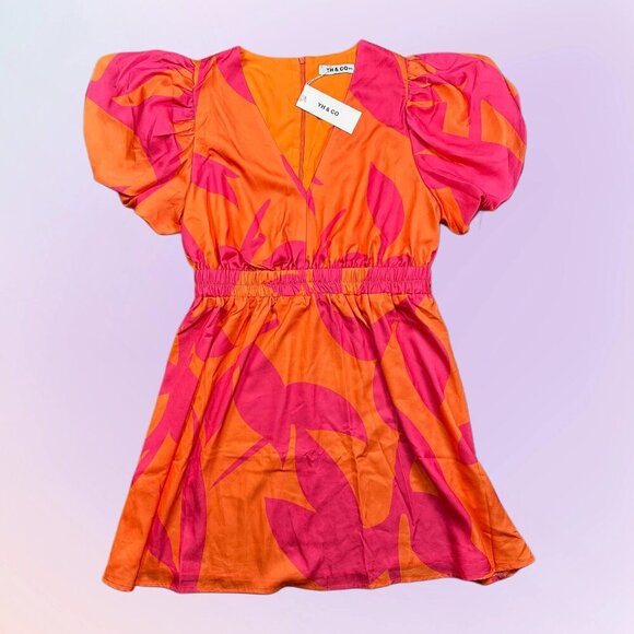 YH & CO NWT Bright Orange and Pink V-Neck Puff Sleeve Mini Dress Sz 14 - Picture 1 of 6
